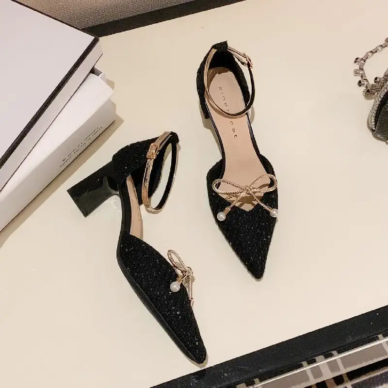 シューズ パンプス ツイード ストラップ＆蝶リボン ローヒール ブラック ライトブラウン 6CM