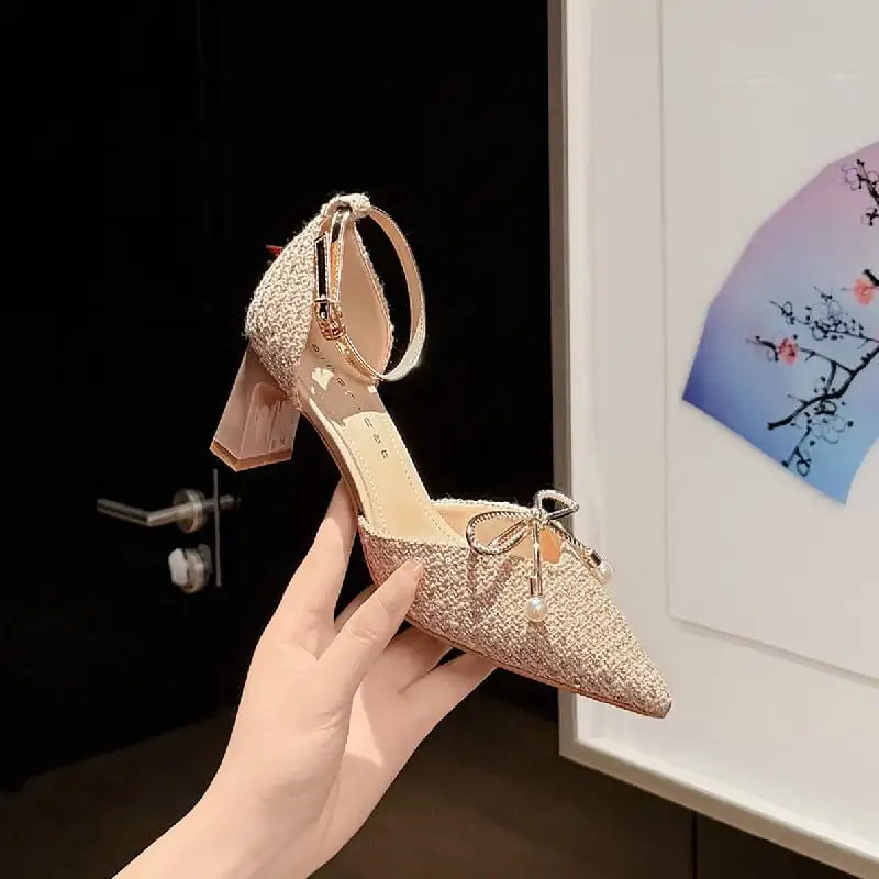 シューズ パンプス ツイード ストラップ＆蝶リボン ローヒール ブラック ライトブラウン 6CM