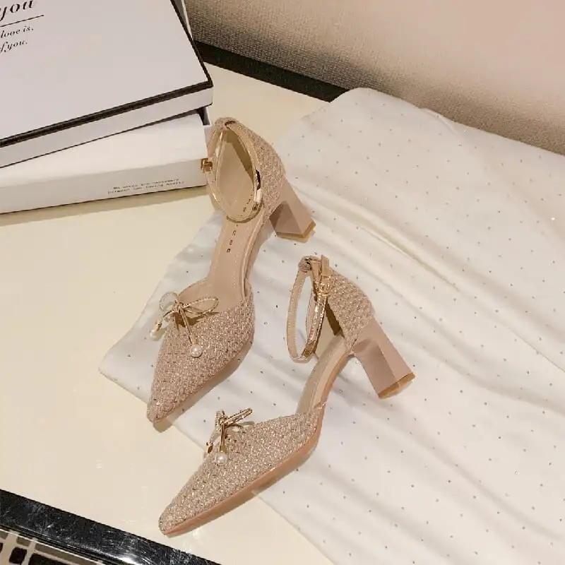 シューズ パンプス ツイード ストラップ＆蝶リボン ローヒール ブラック ライトブラウン 6CM