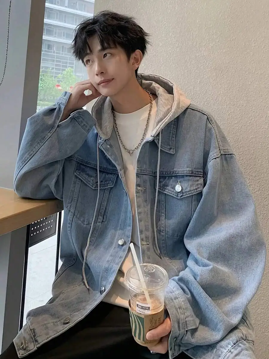 メンズ レトロ ルーズ 取り外しフード デニムジャケット