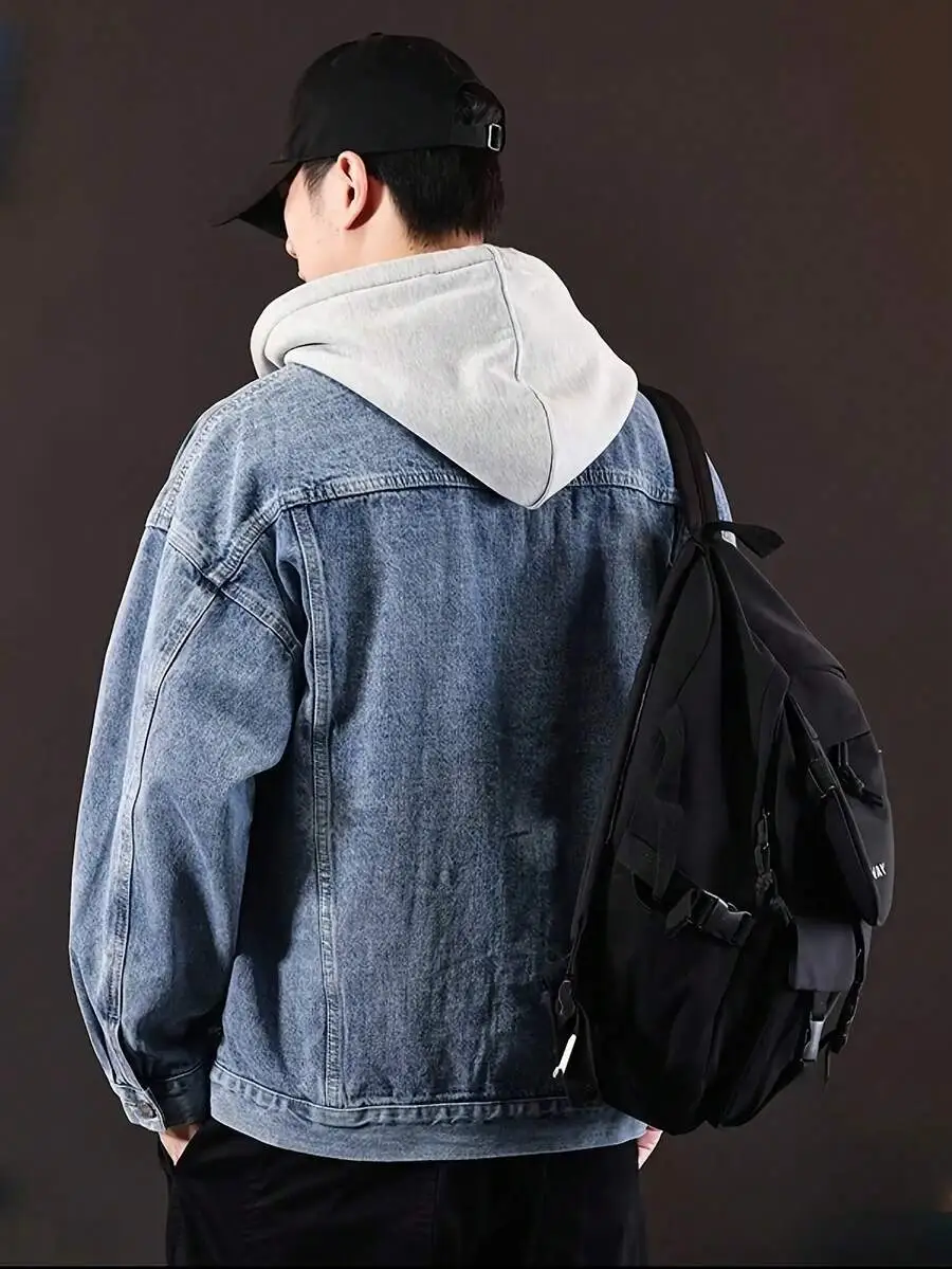 メンズ レトロ ルーズ 取り外しフード デニムジャケット