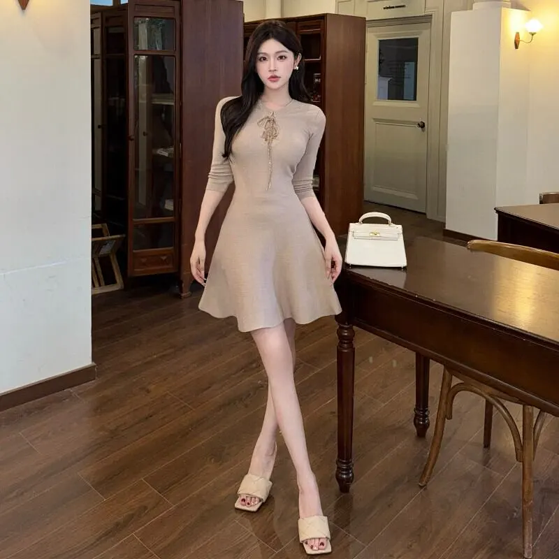 ワンピース ニット リボン ウエストマーク おしゃれ Aライン