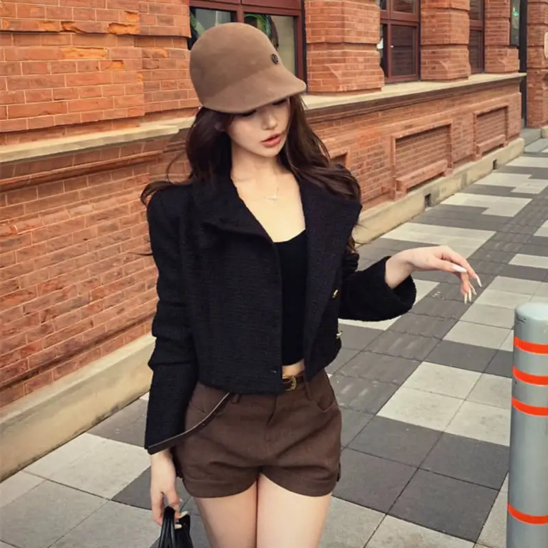 アウター ジャケット ターンダウンカラー ショート丈 フィット ブラック