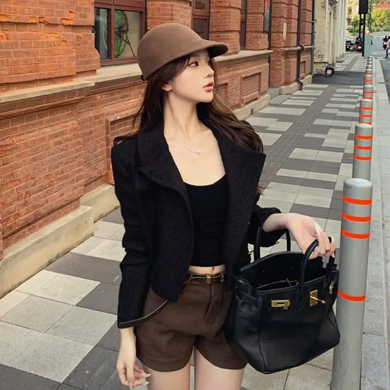 アウター ジャケット ターンダウンカラー ショート丈 フィット ブラック