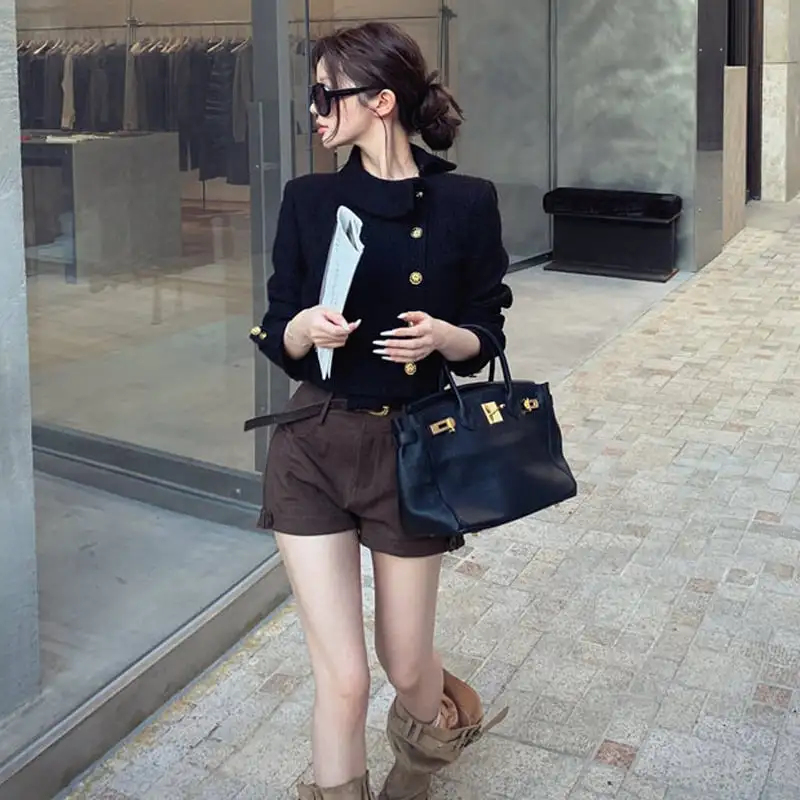 アウター ジャケット ターンダウンカラー ショート丈 フィット ブラック