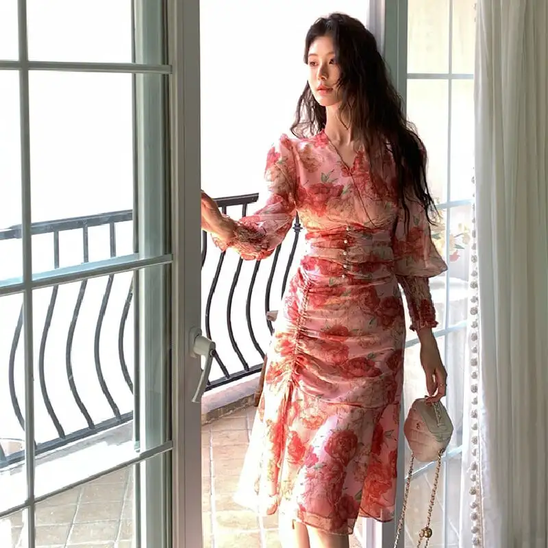 ワンピース Vネック 花柄 美人度アップ ハイウエスト 長袖