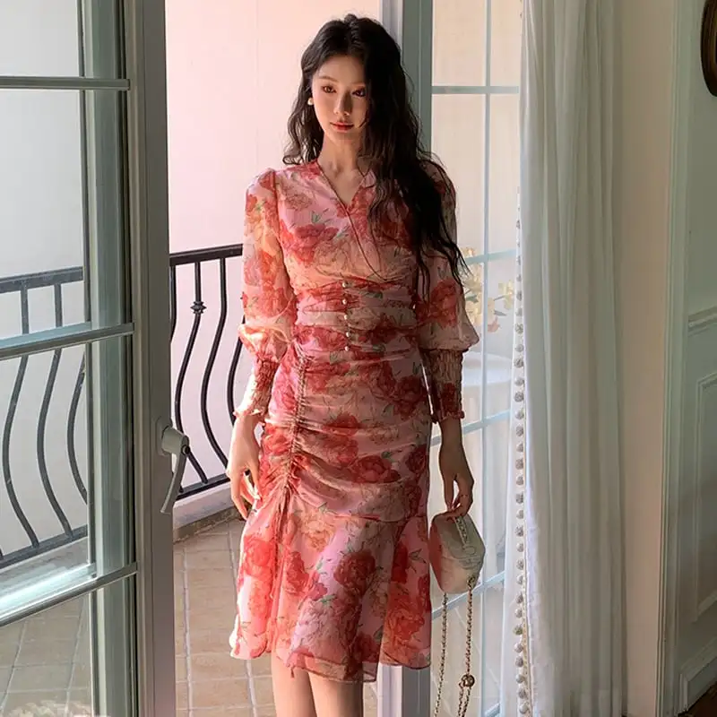 ワンピース Vネック 花柄 美人度アップ ハイウエスト 長袖