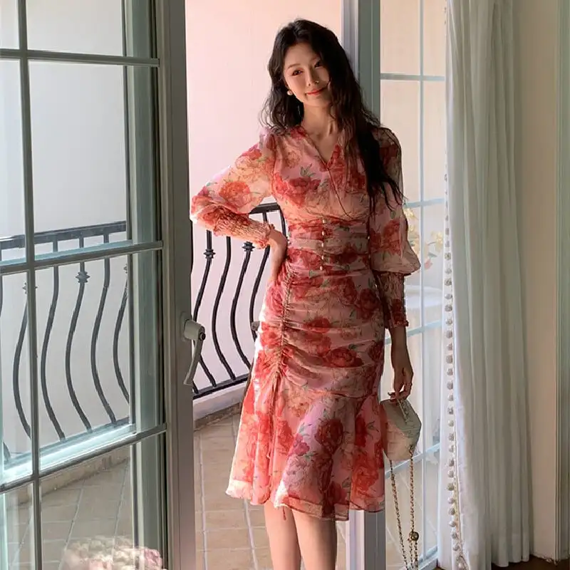 ワンピース Vネック 花柄 美人度アップ ハイウエスト 長袖