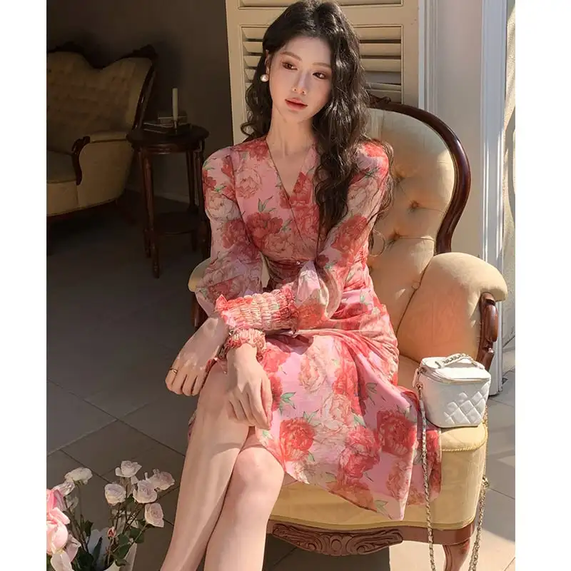 ワンピース Vネック 花柄 美人度アップ ハイウエスト 長袖