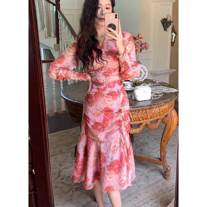 ワンピース Vネック 花柄 美人度アップ ハイウエスト 長袖