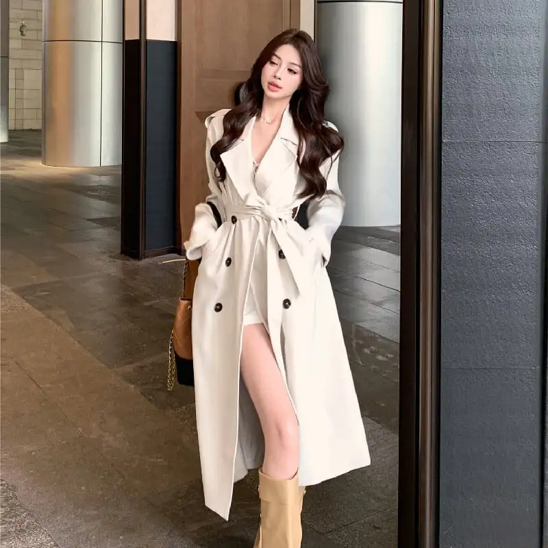 アウター トレンチコート ダブルボタン＆ベルト付き 抜け感のある ロング丈 S M