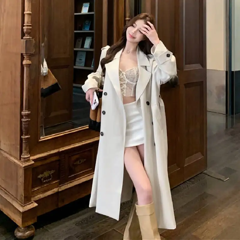 アウター トレンチコート ダブルボタン＆ベルト付き 抜け感のある ロング丈 S M