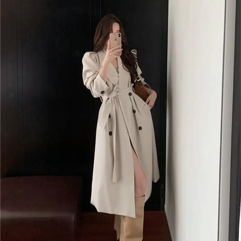 アウター トレンチコート ダブルボタン＆ベルト付き 抜け感のある ロング丈 S M