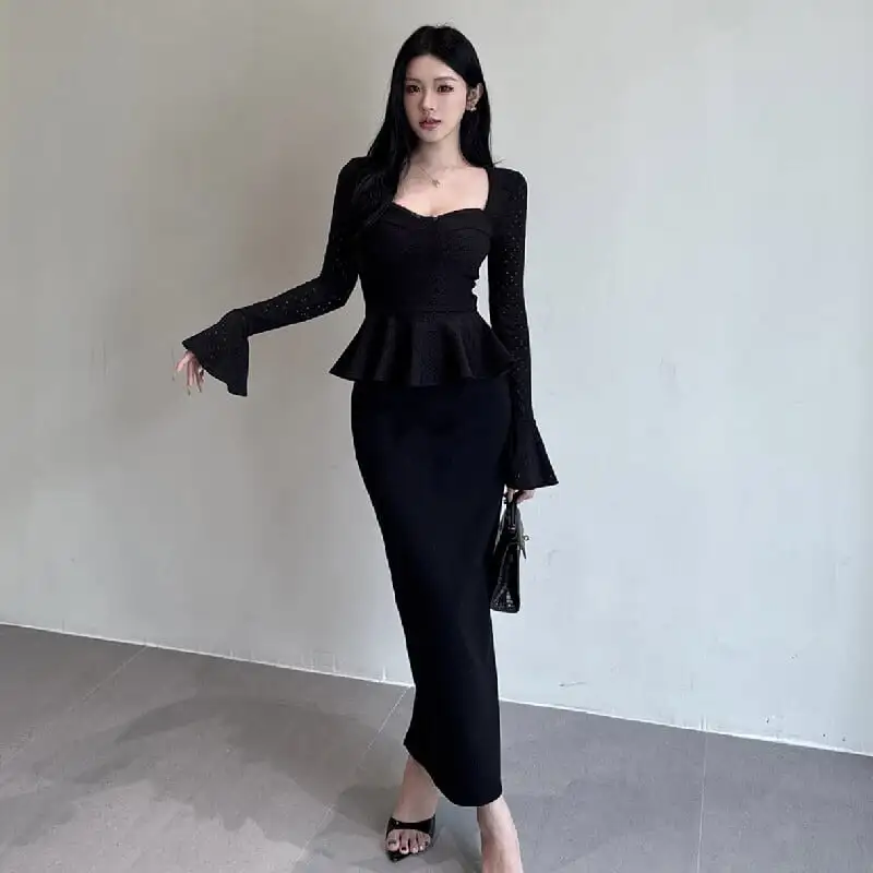 セットアップ スクエアネック スピーカースリーブ トップス+バックスリット スカート