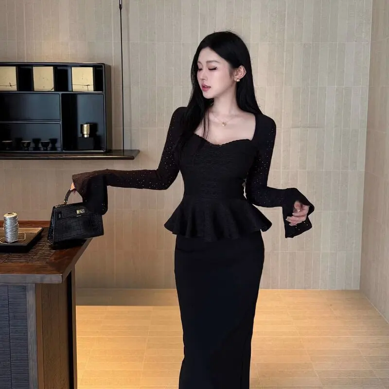 セットアップ スクエアネック スピーカースリーブ トップス+バックスリット スカート