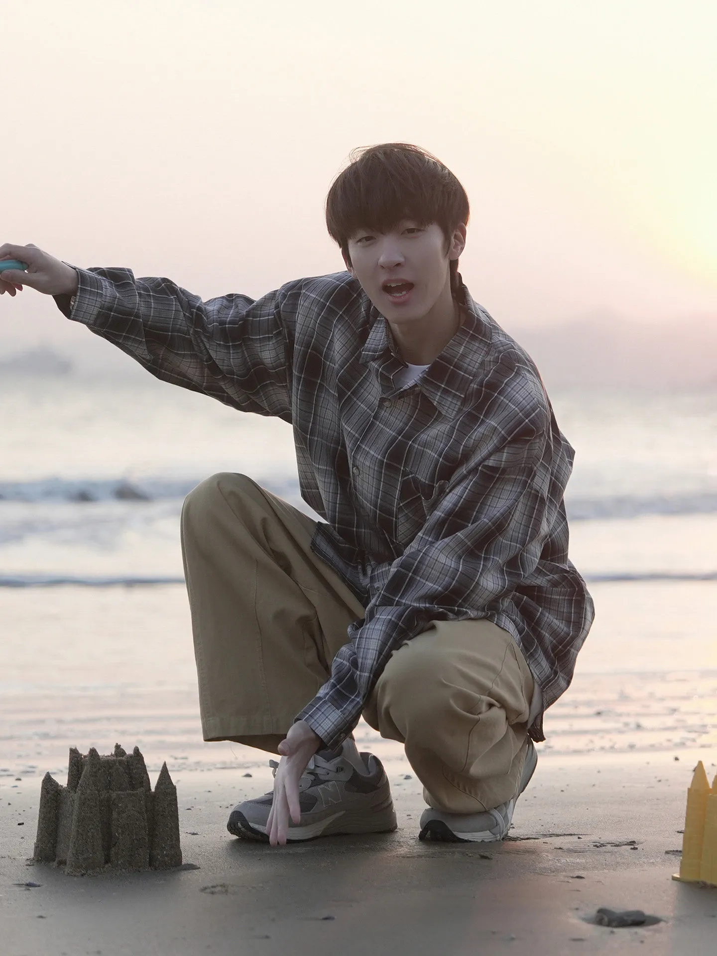 レトロ チェック柄 折り襟 長袖 シャツ