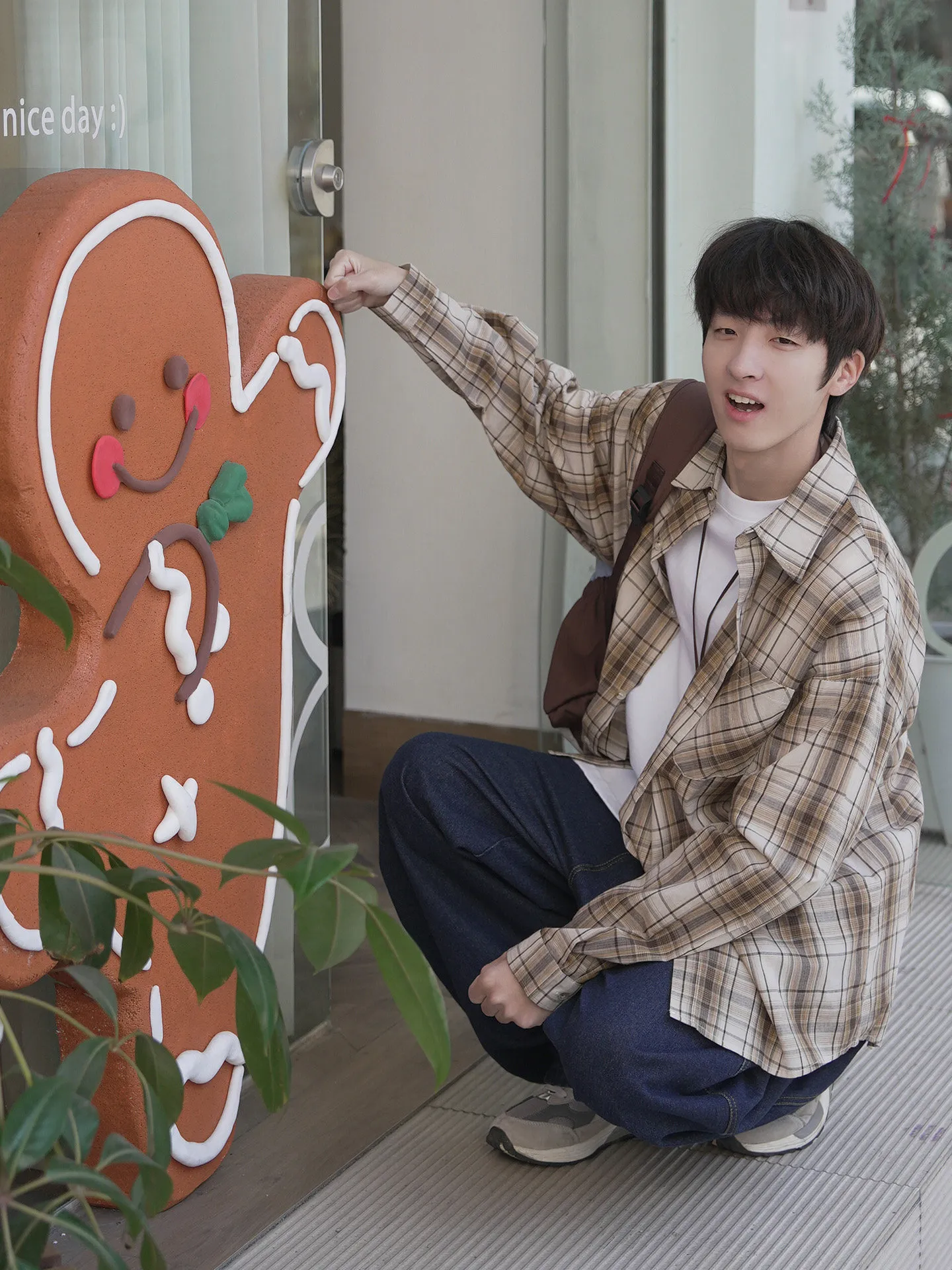 レトロ チェック柄 折り襟 長袖 シャツ