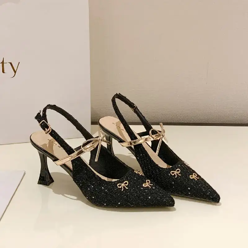 2colors シューズ パンプス ツイード 蝶リボン ブラック ライトブラウン 7CM