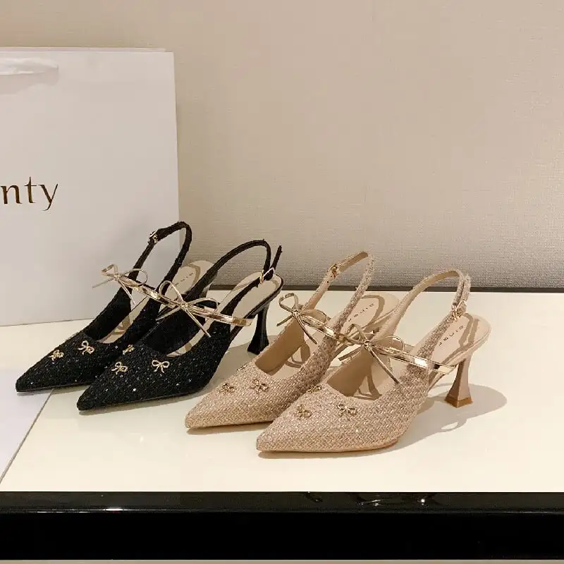 2colors シューズ パンプス ツイード 蝶リボン ブラック ライトブラウン 7CM