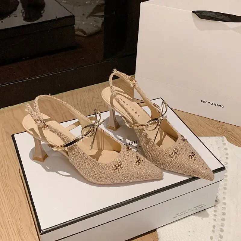 2colors シューズ パンプス ツイード 蝶リボン ブラック ライトブラウン 7CM