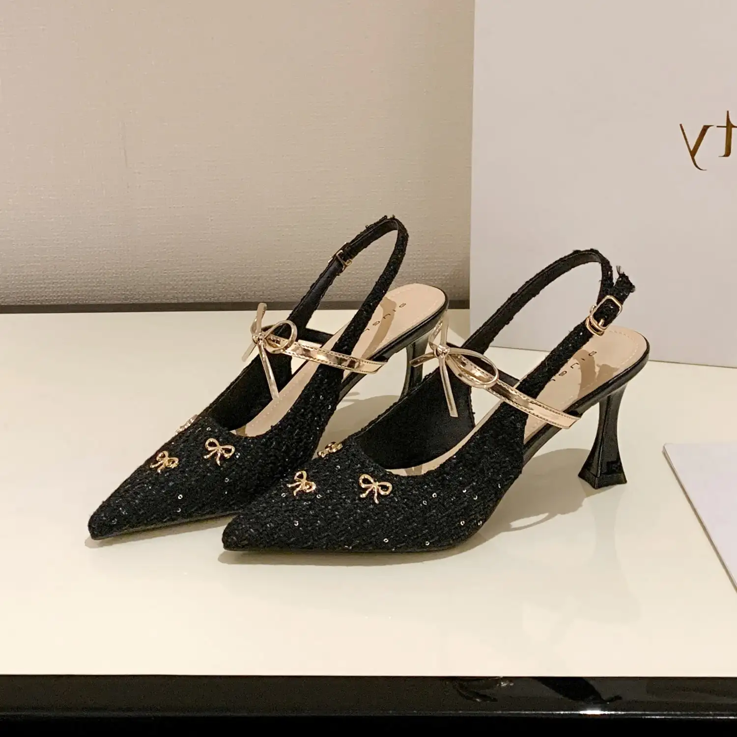 2colors シューズ パンプス ツイード 蝶リボン ブラック ライトブラウン 7CM