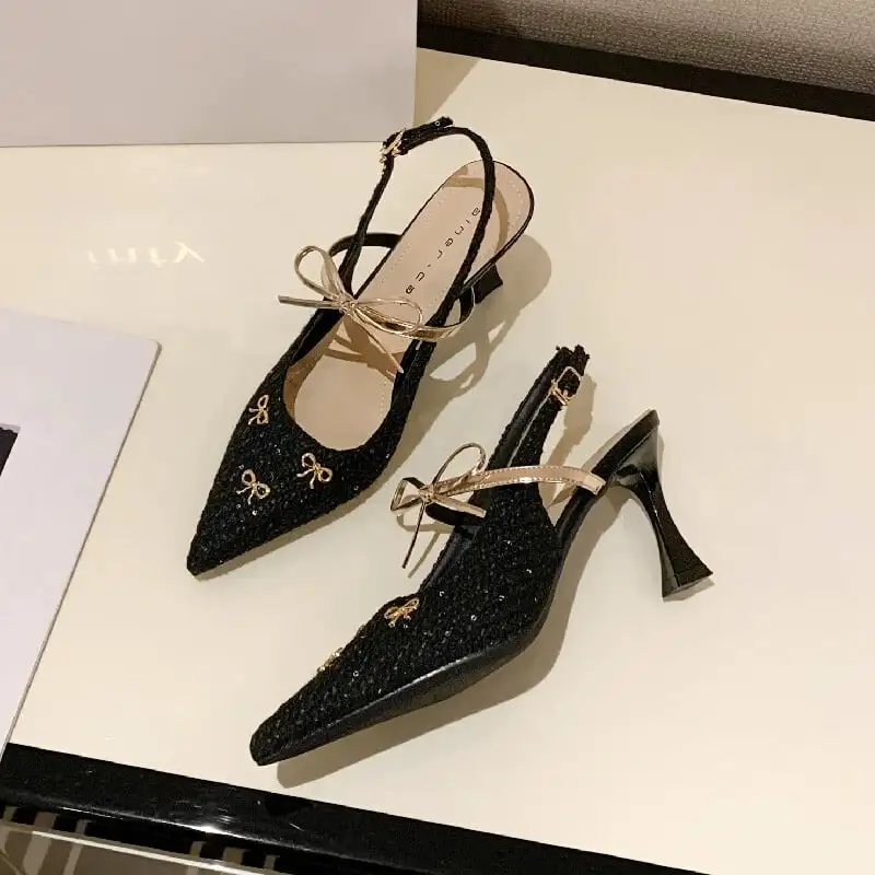 2colors シューズ パンプス ツイード 蝶リボン ブラック ライトブラウン 7CM