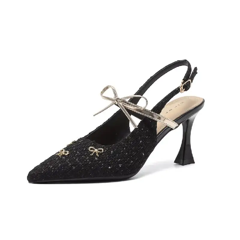 2colors シューズ パンプス ツイード 蝶リボン ブラック ライトブラウン 7CM