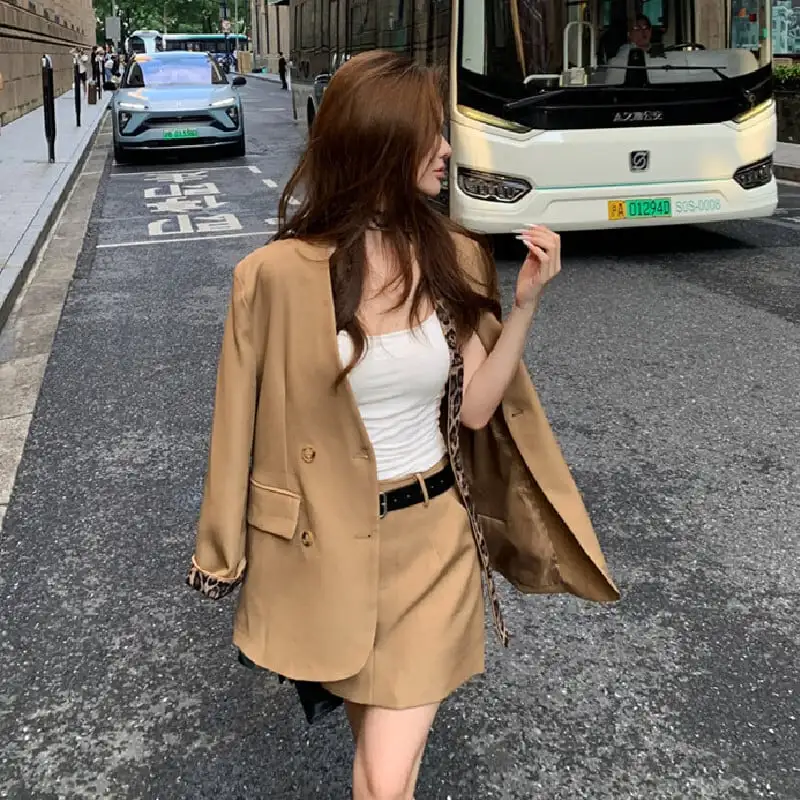 セットアップ ヒョウ柄 スーツ風ジャケット+ハイウエスト スカート ファッション