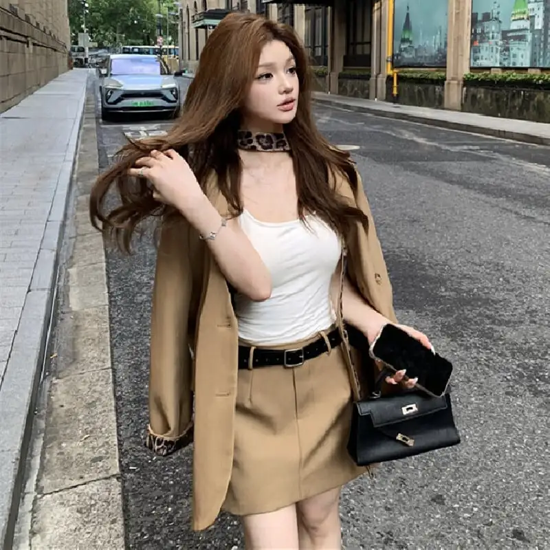 セットアップ ヒョウ柄 スーツ風ジャケット+ハイウエスト スカート ファッション