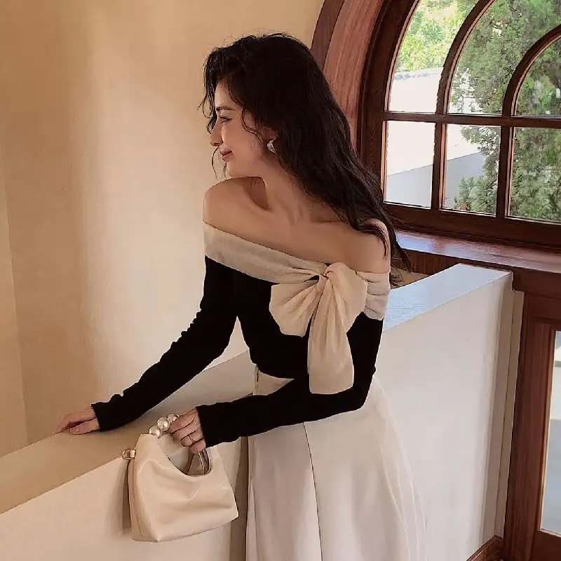 トップス オフショルダー リボン 気質溢れる