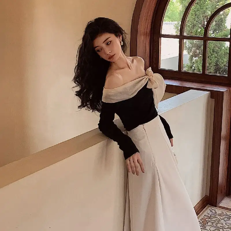 トップス オフショルダー リボン 気質溢れる