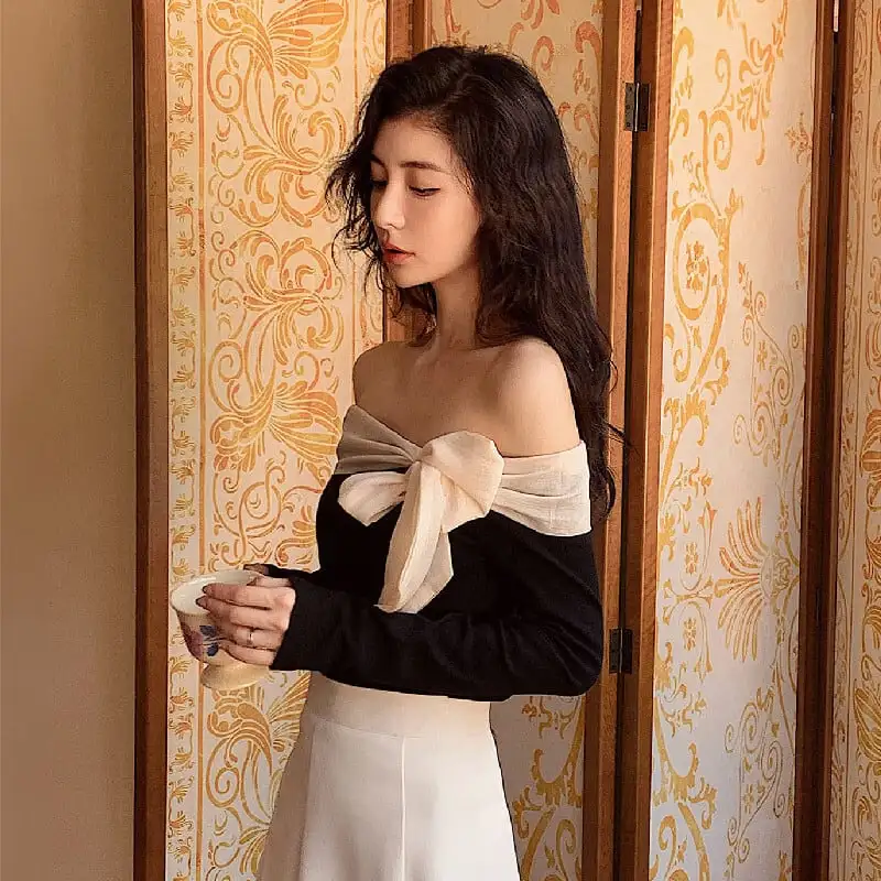 トップス オフショルダー リボン 気質溢れる