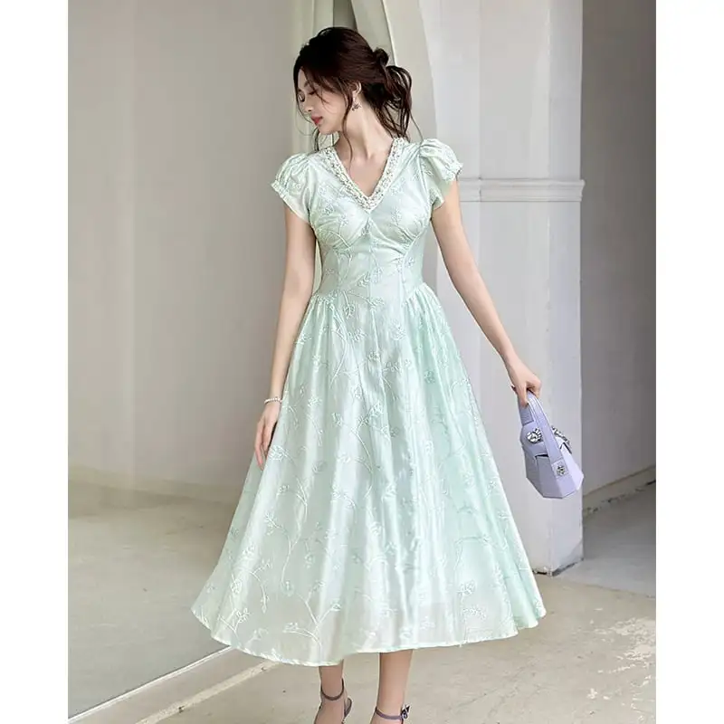 ワンピース Vネック フィットウエスト 清新 ライトグリーン