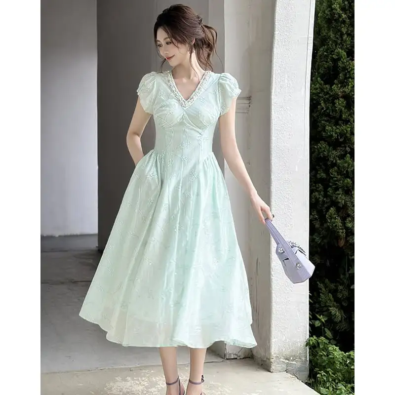 ワンピース Vネック フィットウエスト 清新 ライトグリーン