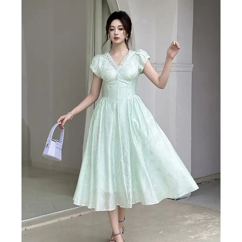 ワンピース Vネック フィットウエスト 清新 ライトグリーン