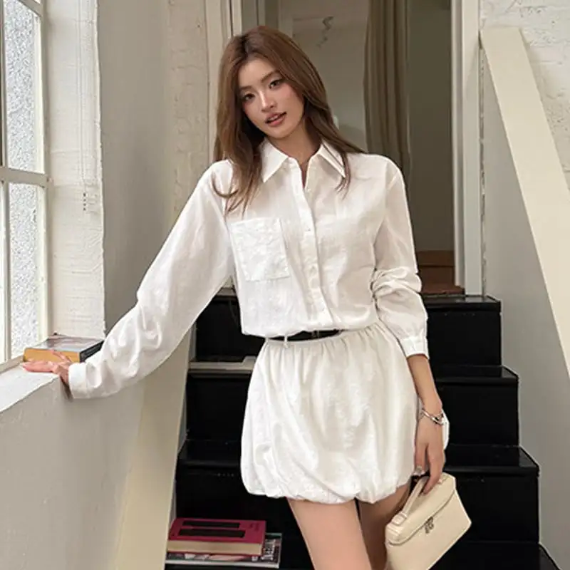 シャツワンピース 長袖 シンプル チューリップワンピース