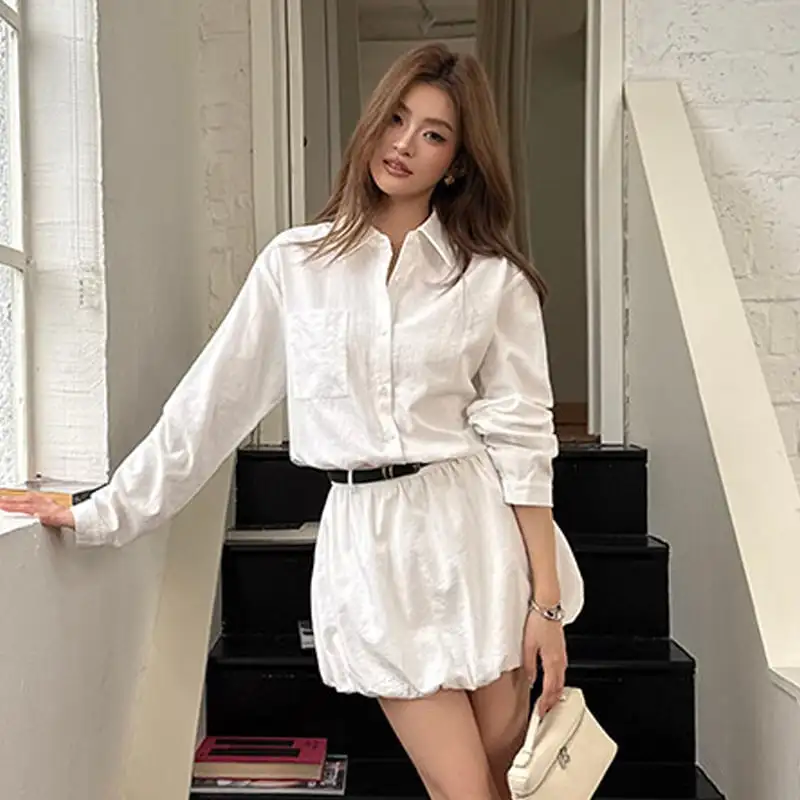 シャツワンピース 長袖 シンプル チューリップワンピース