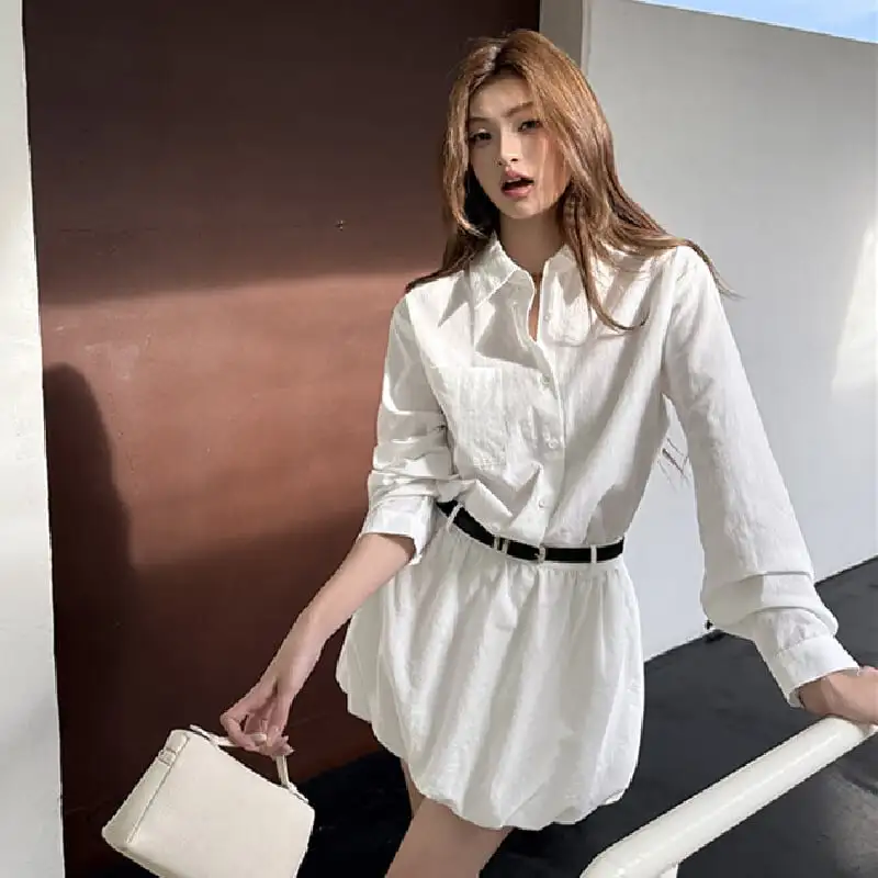 シャツワンピース 長袖 シンプル チューリップワンピース