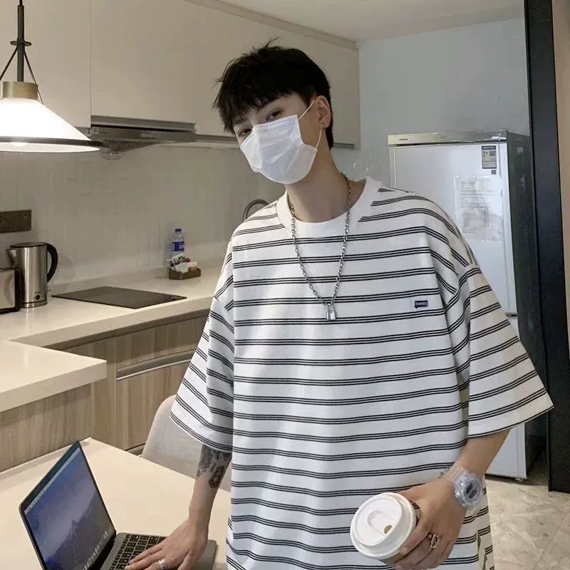 大人気 カジュアル レトロ ボーダー柄 ルーズ 合わせやすい 半袖 Tシャツ