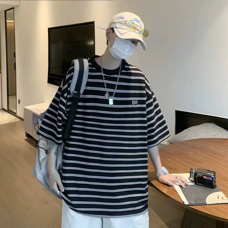 大人気 カジュアル レトロ ボーダー柄 ルーズ 合わせやすい 半袖 Tシャツ